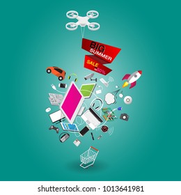 Isometric big summer sale computer appliances and technology banner design vector illustration.