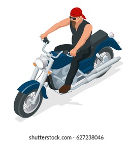 Isometric biker on a motorcycle on the road. The concept of freedom and travel.