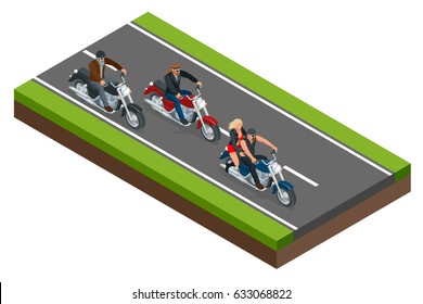 Isometric bikers on a motorcycle on the road. The concept of freedom and travel.