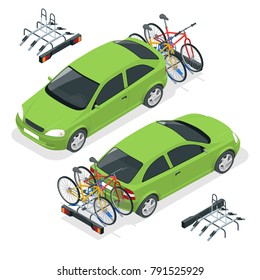 Isometric Bikes Loaded on the Back of a Van. Car and Bicycles. Flat style vector illustration isolated on white background.