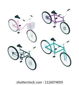 Isometric bikes. Vector 3d pictures of transport. Bicycle transportation sport illustration