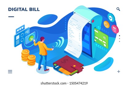 Isometric bill paying screen, digital payment service as smartphone application. Man doing money transfer with phone near receipt or check, wallet with credit cards. Electronic tax or shopping pay.