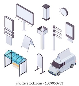 Isometric billboard. Advertising citylight poster billboards outdoor poster advertisement banner street signage 3d isolated vector set