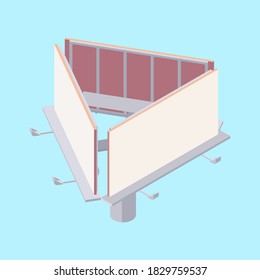 Isometric billboard with blank canvas for outdoor advertising. Empty billing banner with lamps for ooh. Large city board for commercial announcement message or ad sign in vector illustration.