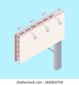 Isometric billboard with blank canvas for outdoor advertising. Empty billing banner with lamps for ooh. Large city board for commercial announcement message or ad sign in vector illustration.