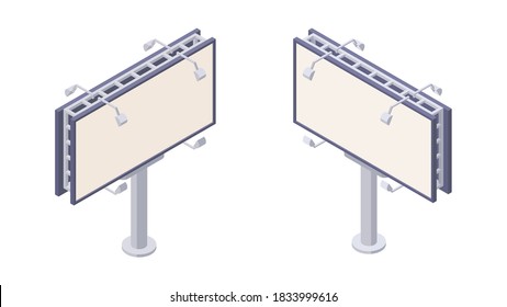 Isometric billboard with blank canvas for outdoor advertising. Two sides of empty billing banner with lamps for ooh. Large city board for commercial announcement message or ad sign in vector.