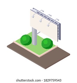 Isometric billboard on green ground near road for outdoor advertising. Blank bulletin billing banner with lamps for ooh. Big city billboard for business announcement message.