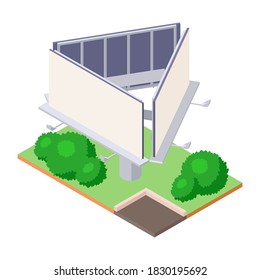 Isometric billboard on green ground near road for outdoor advertising. Blank bulletin billing banner with lamps for ooh. Big city billboard for business announcement message.