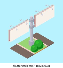 Isometric billboard on green ground near road for outdoor advertising. Blank bulletin billing banner with lamps for ooh. Big city billboard for business announcement message.