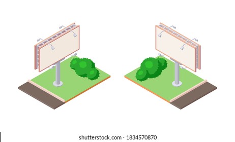Isometric billboard on green ground near road for outdoor advertising in two sides. Blank bulletin billing banner with lamps for ooh. Big city billboard for business announcement message.