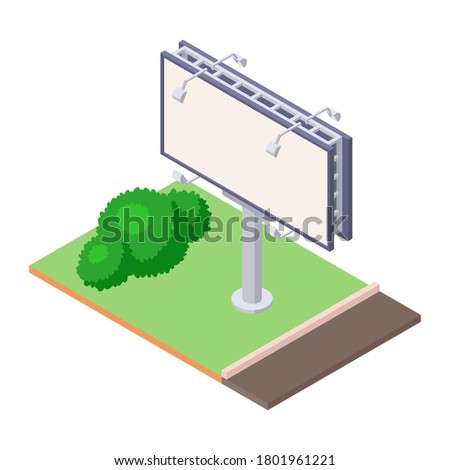 Isometric billboard on green ground near road for outdoor advertising. Blank bulletin billing banner with lamps for ooh. Big city billboard for business announcement message.