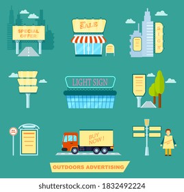 Isometric billboard. Vector outdoor advertising isometric set. Advertising on transport and building, road and man billboard and light shop sign construction. Advertisement placement illustration