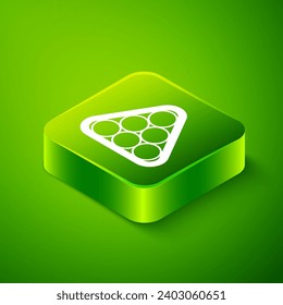 Isometric Billiard balls in a rack triangle icon isolated on green background. Green square button. Vector