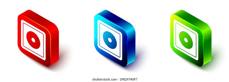 Isometric Billiard tiza icono aislado en fondo blanco. Bloque de charla para el arranque de billar. Botón cuadrado rojo, azul y verde. Vector