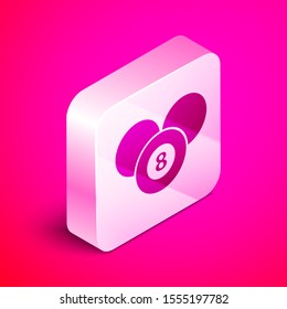 Isometric Billiard pool snooker 8 ball icon isolated on pink background. Billiard eight ball. Silver square button. Vector Illustration