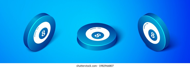 Isometric Billiard pool snooker ball icon isolated on blue background. Blue circle button. Vector Illustration