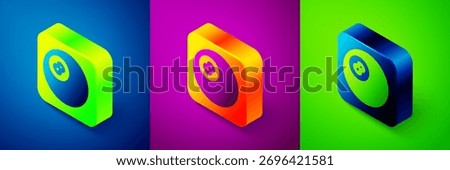 Isometric Billiard pool snooker ball with number 8 icon isolated on blue, purple and green background. Square button. Vector