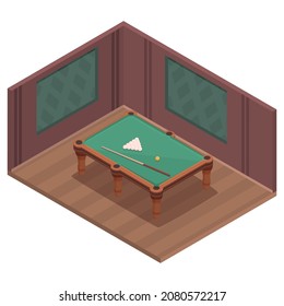 isometric billiard room interior, vector illustration