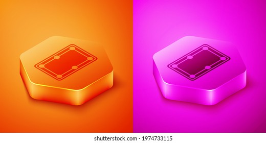 Isometric Billiard table icon isolated on orange and pink background. Pool table. Hexagon button. Vector