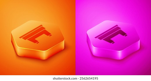 Isometric Billiard table icon isolated on orange and pink background. Pool table. Hexagon button. Vector