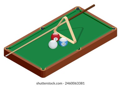 Isometric billiard table isolated on white background. Billiard table with green surface and balls in the billiard club.Pool Game. Snooker billiard