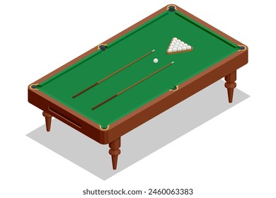 Isometric billiard table isolated on white background. Billiard table with green surface and balls in the billiard club.Pool Game. Snooker billiard