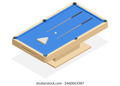 Isometric billiard table isolated on white background. Billiard table with green surface and balls in the billiard club.Pool Game. Snooker billiard