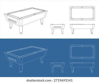  Isometric Billiard Table Technical Drawing with 3D Wireframe Perspective