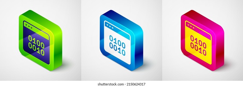 Isometric Binary code icon isolated on grey background. Square button. Vector