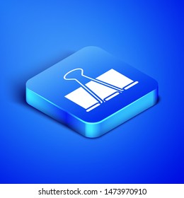Isometric Binder clip icon isolated on blue background. Paper clip. Blue square button. Vector Illustration