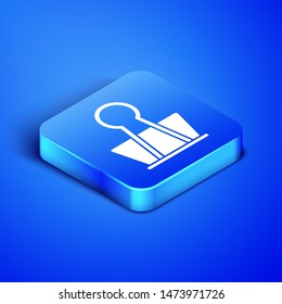Isometric Binder clip icon isolated on blue background. Paper clip. Blue square button. Vector Illustration