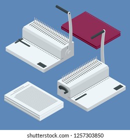 Isometric binder machine. Binding documents with plastic ring binder by using ring binding machine for report preparation. Vector illustration