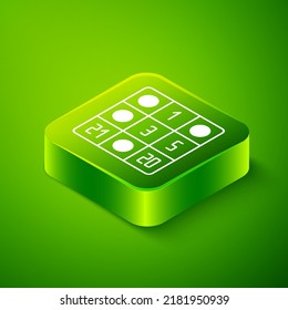 Isometric Bingo card with lucky numbers icon isolated on green background. Green square button. Vector