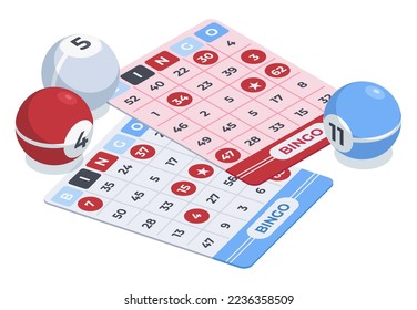 Isometric bingo game. Gambling 3d balls and lottery tickets, lottery lucky numbers flat vector background illustration. Bingo lotto game poster