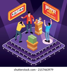 Isometric bingo lottery concept with people winning and losing vector illustration
