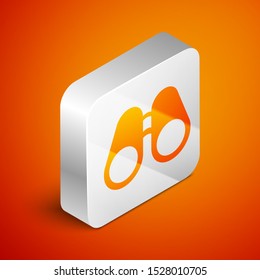 Isometric Binoculars icon isolated on orange background. Find software sign. Spy equipment symbol. Silver square button. Vector Illustration