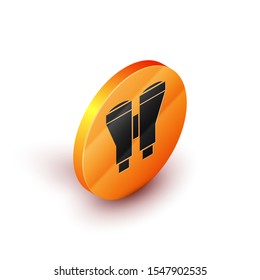 Isometric Binoculars icon isolated on white background. Find software sign. Spy equipment symbol. Orange circle button. Vector Illustration