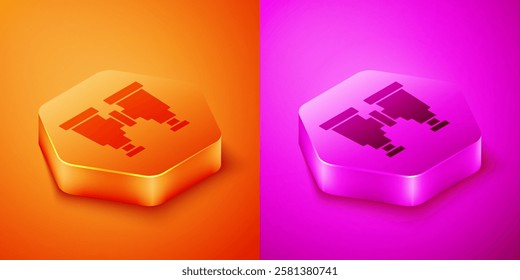 Isometric Binoculars icon isolated on orange and pink background. Find software sign. Spy equipment symbol. Hexagon button. Vector