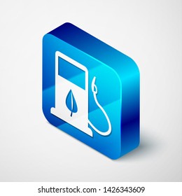 Isometric Bio fuel concept with fueling nozzle and leaf icon isolated on white background. Gas station with leaves. Eco refueling. Blue square button. Vector Illustration