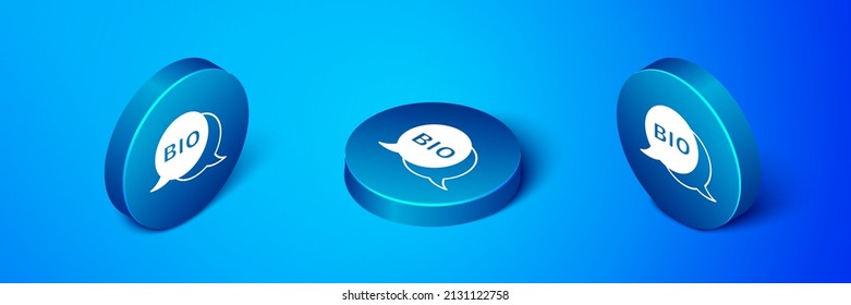 Isometric Bio green healthy food icon isolated on blue background. Organic product. Healthy food sticker. Blue circle button. Vector