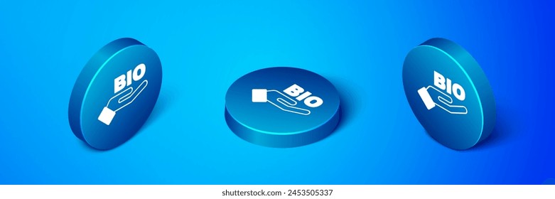 Isometric Bio green healthy food icon isolated on blue background. Organic product. Healthy food sticker. Blue circle button. Vector