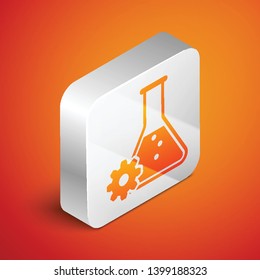 Isometric Bioengineering icon isolated on orange background. Element of genetics and bioengineering icon. Biology, molecule, chemical icon. Silver square button. Vector Illustration