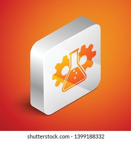 Isometric Bioengineering icon isolated on orange background. Element of genetics and bioengineering icon. Biology, molecule, chemical icon. Silver square button. Vector Illustration