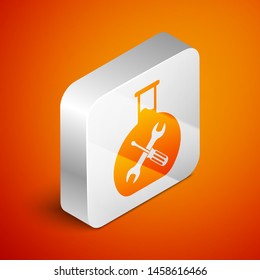 Isometric Bioengineering with screwdriver and wrench icon isolated on orange background. Adjusting, service, setting, maintenance, repair, fixing. Silver square button. Vector Illustration