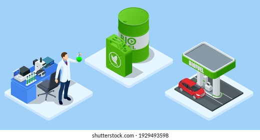 Isometric Biofuel barrels with biofuel. Green energy. Save the earth, ecology, alternative energy. Green bright Gas station pump with fuel nozzle of petrol pump