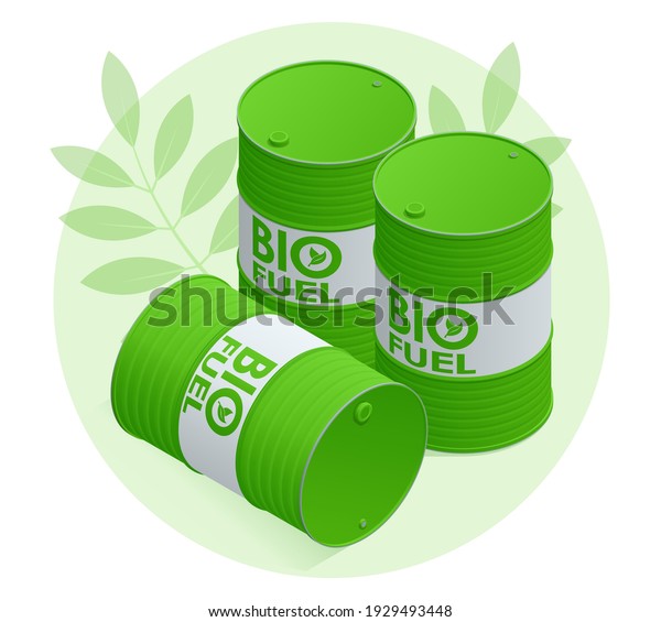 Isometric Biofuel barrels\
with biofuel. Green energy. Save the earth, ecology, alternative\
energy.