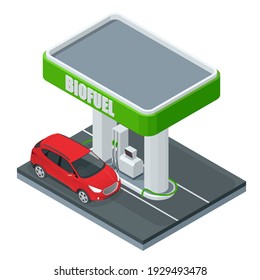 Isometric Biofuel. Green bright Gas station pump with fuel nozzle of petrol pump. Green energy. Save the earth, ecology, alternative energy.