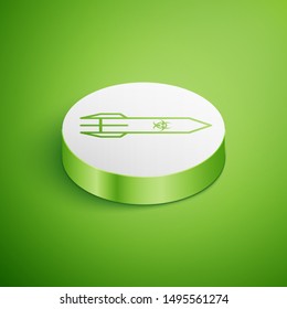 Isometric Biohazard rocket icon isolated on green background. Rocket bomb flies down. White circle button. Vector Illustration