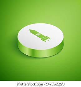 Isometric Biohazard rocket icon isolated on green background. Rocket bomb flies down. White circle button. Vector Illustration