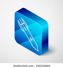 Isometric Biohazard rocket icon isolated on white background. Rocket bomb flies down. Blue square button. Vector Illustration